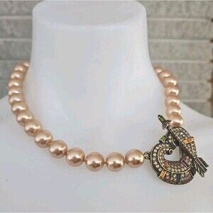 Heidi Daus Choker Gold Champaign Pearls Chrystal Emelished Heart Pendant 16"